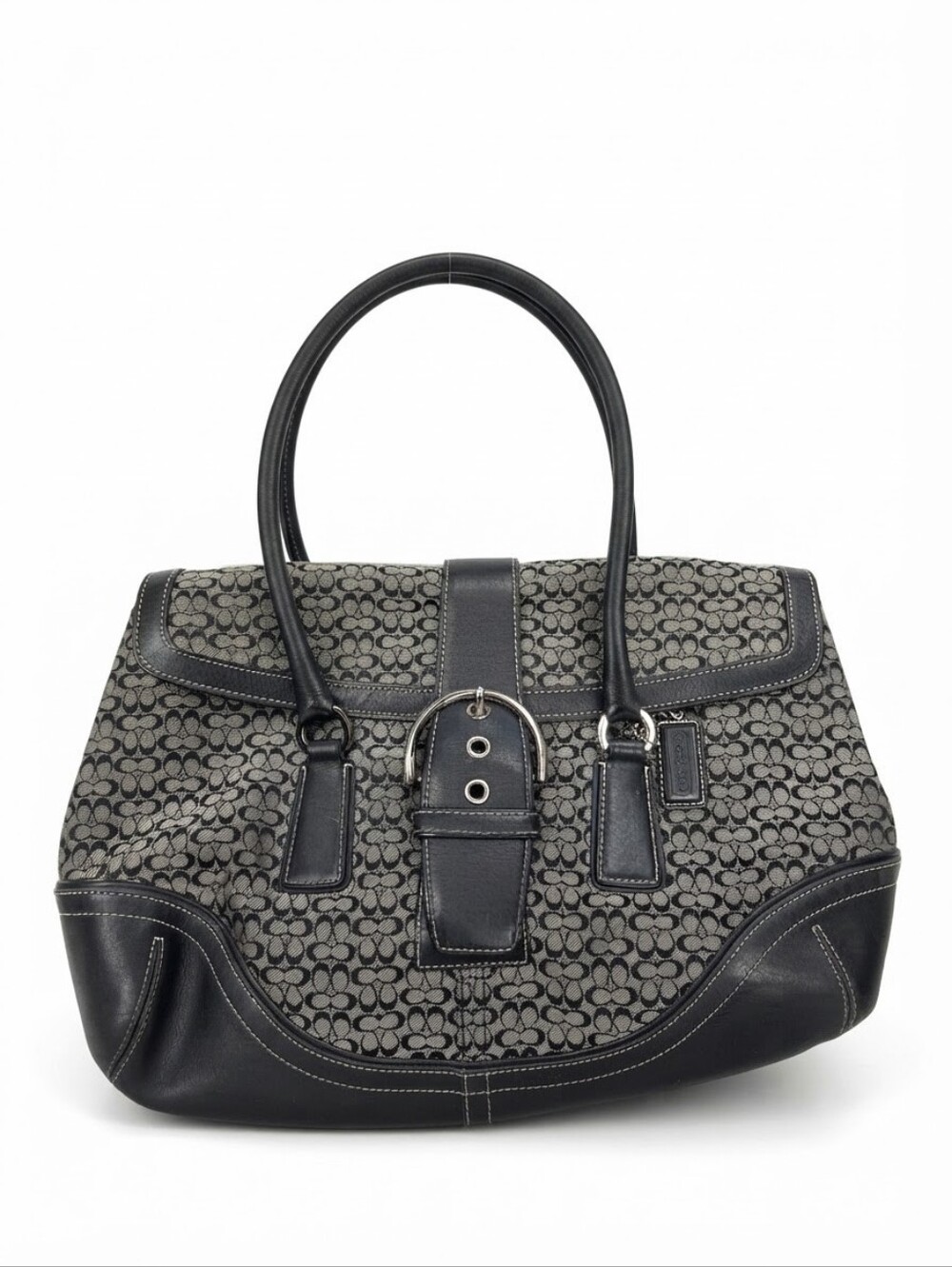 Vintage Y2K Coach Soho Large Black & Gray Signature Monogram Buckle Satchel (No.
